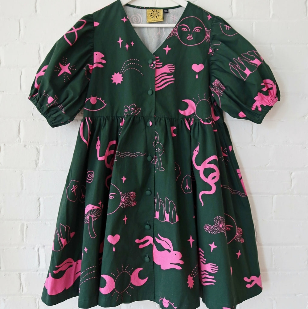 NWOT Lazy Oaf x Laura Callaghan Hidden Symbols Puff Sleeve Dress US 12